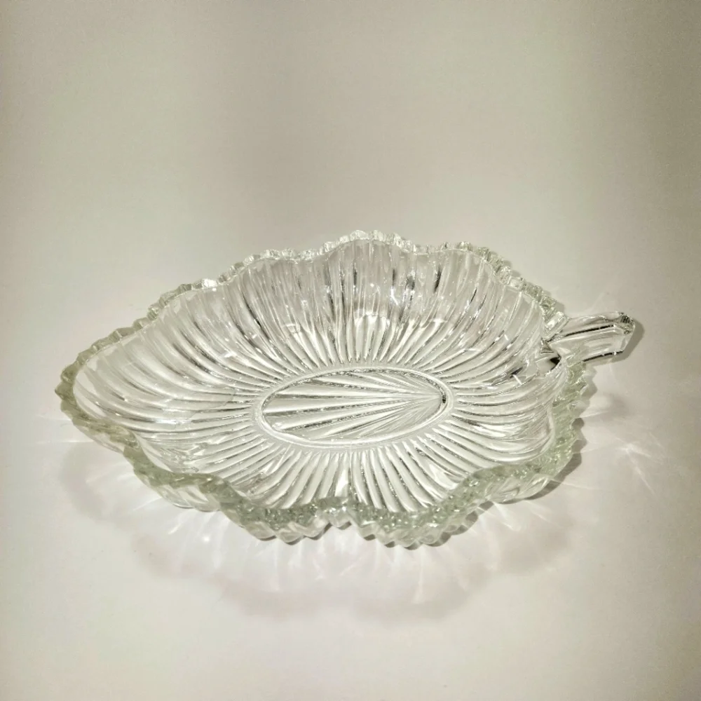 Vintage Depression Glass Trinket Dish Like New Leaf Shaped Ridged Pattern